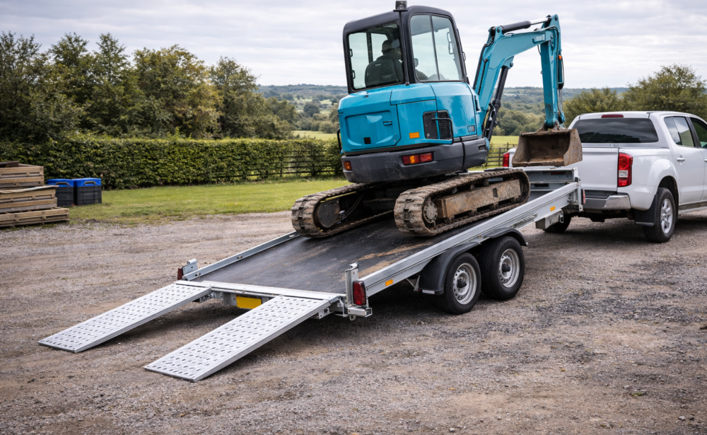 Excavator loading onto tilt-bed trailer