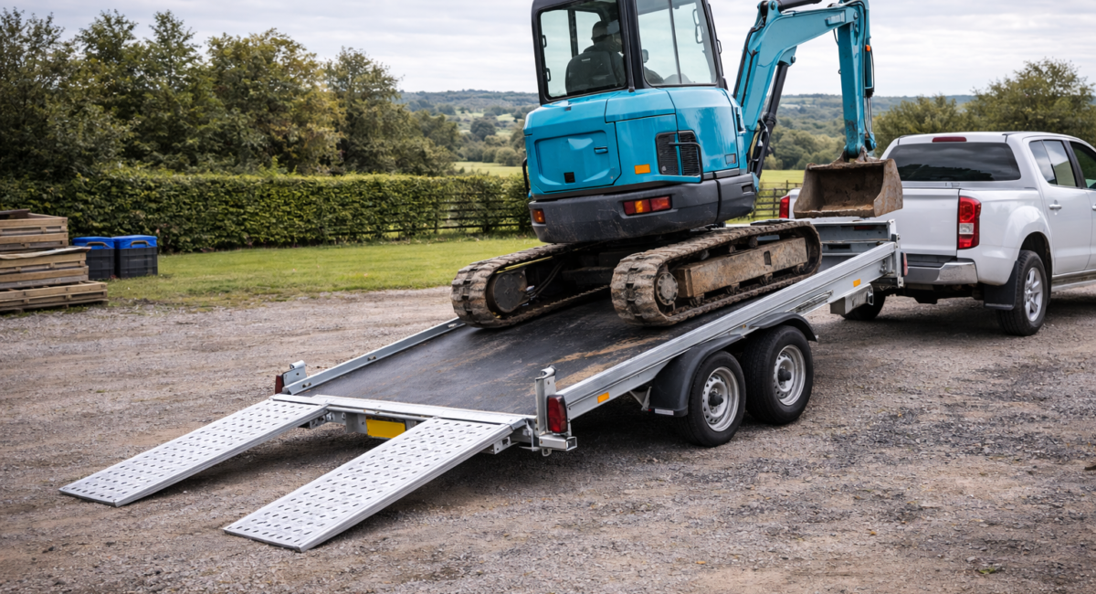 Excavator loading onto tilt-bed trailer