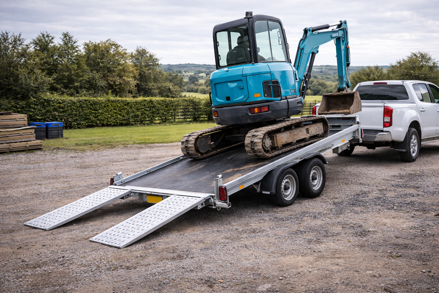 Excavator loading onto tilt-bed trailer